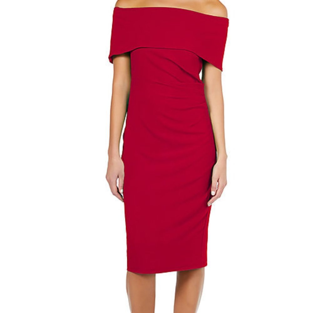 MARINA Off-The-Shoulder midi Dress Magenta Sz S - Picture 6 of 7